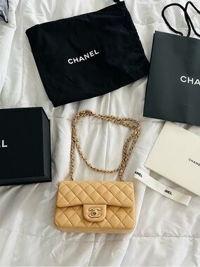 CC Quilted Lambskin Mini Flap Bag in Beige with Gold Chain